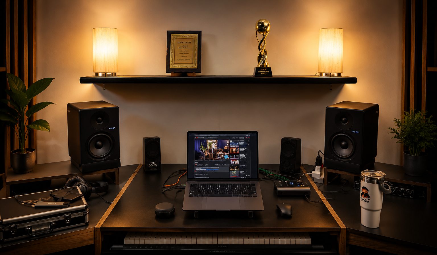 The control desk, monitors and awards shelf